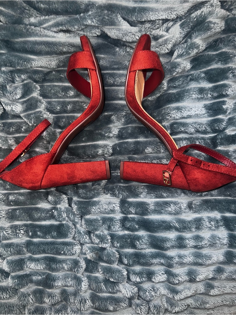 VINCE CAMUTO Red Burgundy Block Heel Ankle Strap Sandals 38 8 - Picture 12 of 14